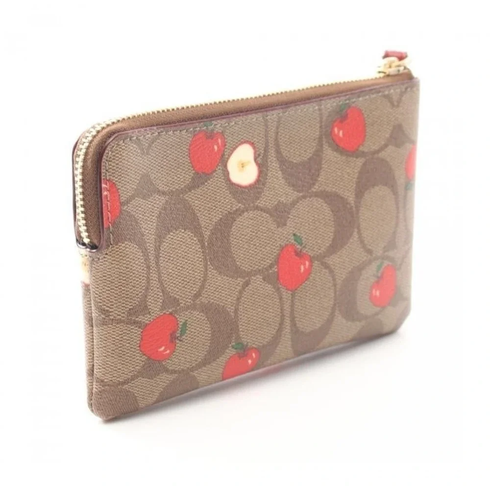 COACH Corner Zip Wristlet In Signature Canvas With Apple Print NWT